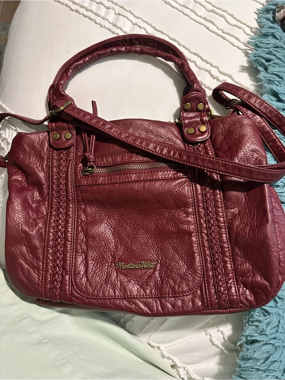 Montana West Burgundy Braided-Trim Shoulder Bag
